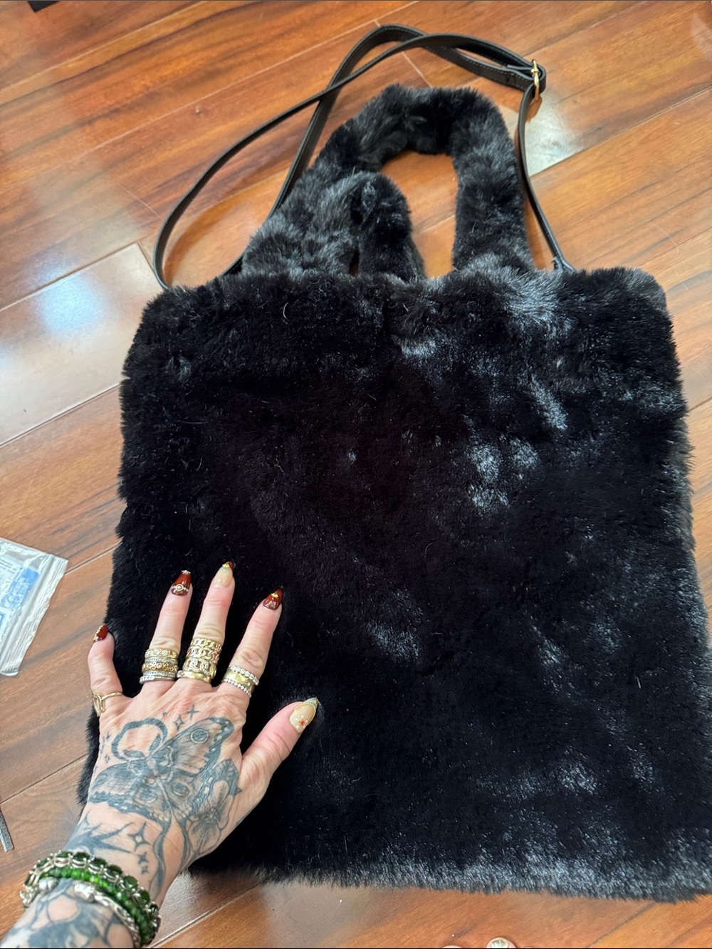 Black Faux Fur Tote Bag with Shoulder Strap